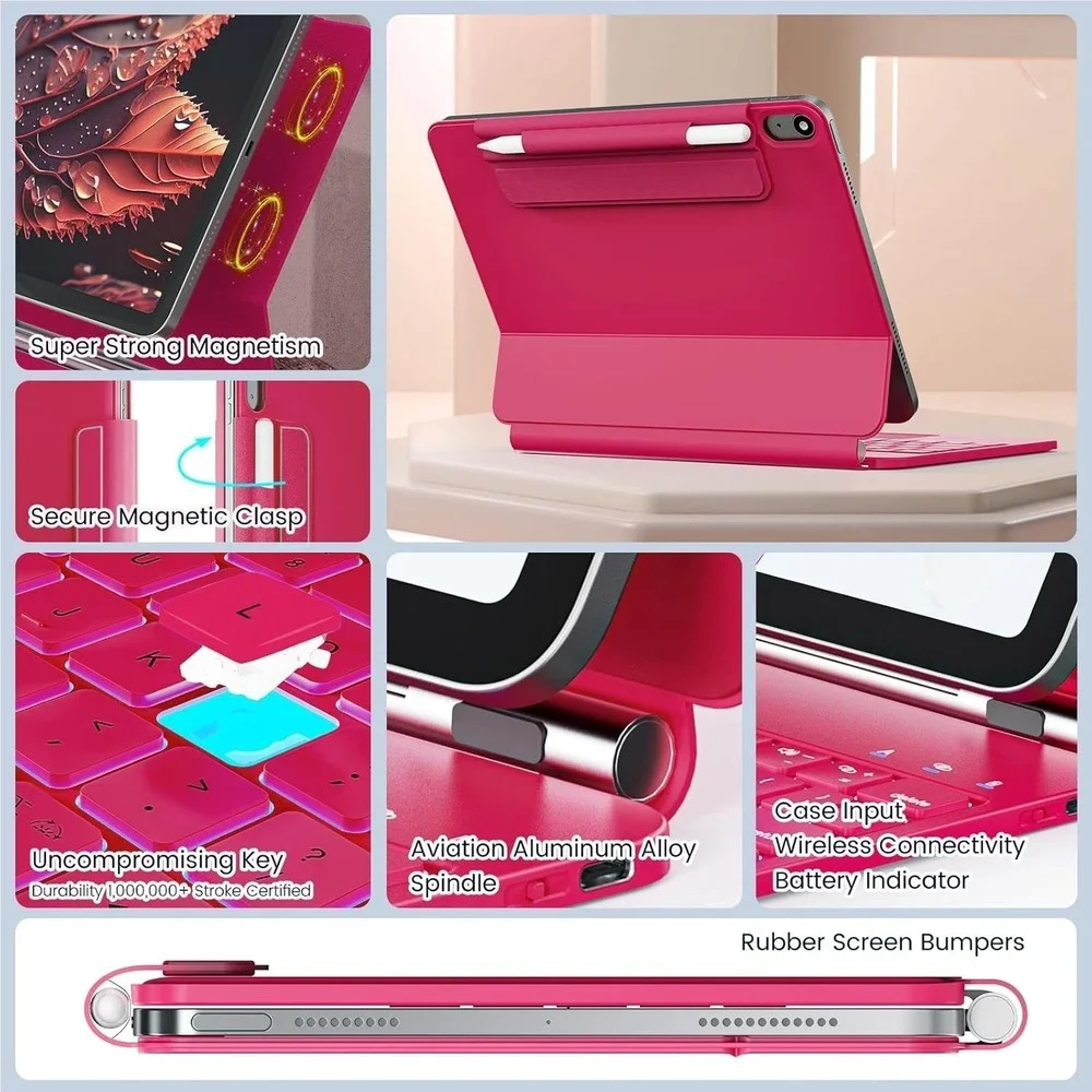 Azalea Red iPad 11th 10th‎ Gen Keyboard Case with Backlit Keys & Touch Trackpad